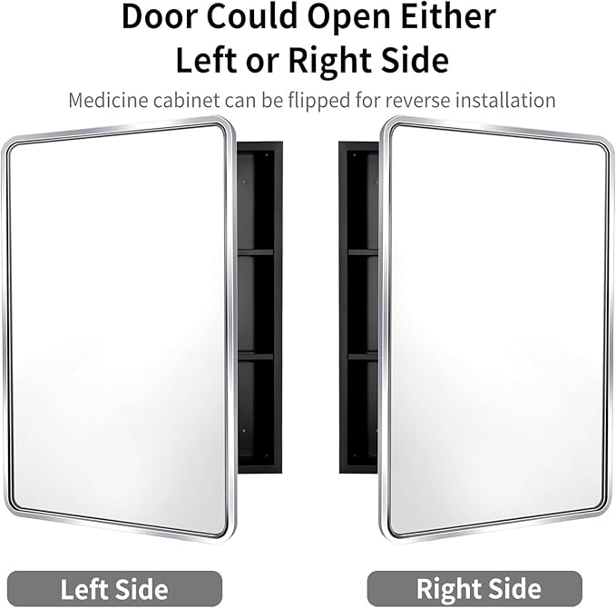 Movo Medicine Cabinet with Mirror, 20x28 Inch Farmhouse Metal Framed Rectangle Bathroom Mirror Cabinet, Recess or Surface Mount Installation Chrome