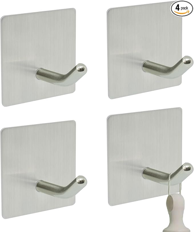 Self-Adhesive Coat Hooks, Stainless Steel Heavy Duty Wall Hooks, Towel Hooks for Hanging Robes, Shower, Coats and Hats in Bathrooms,Kitchens and Hotels(4 Pack, Silver)