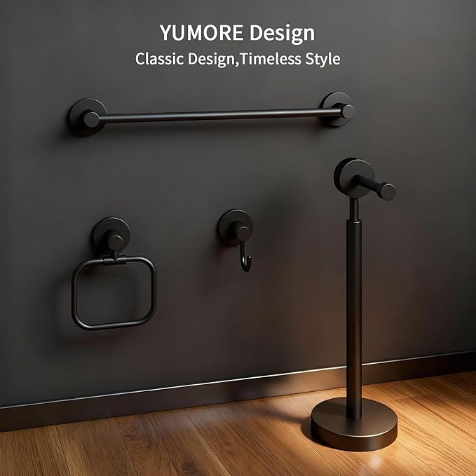 YUMORE 4-Piece Bathroom Set with Privot Toilet Paper Holder | All-in-One Wall Mounted Hardware Combo, Matte Black