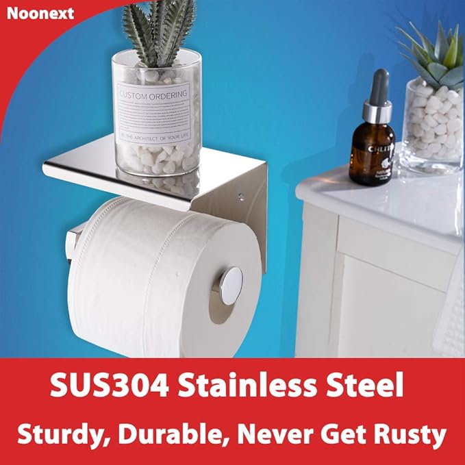 Noonext Toilet Paper Holder with Shelf Wall Mounted, Adhesive Toilet Paper Roll Holder, Stainless Steel Tissue Roll Dispenser Storage, Adhesive No Drilling Or Drilling with Screws (Polished Chrome)