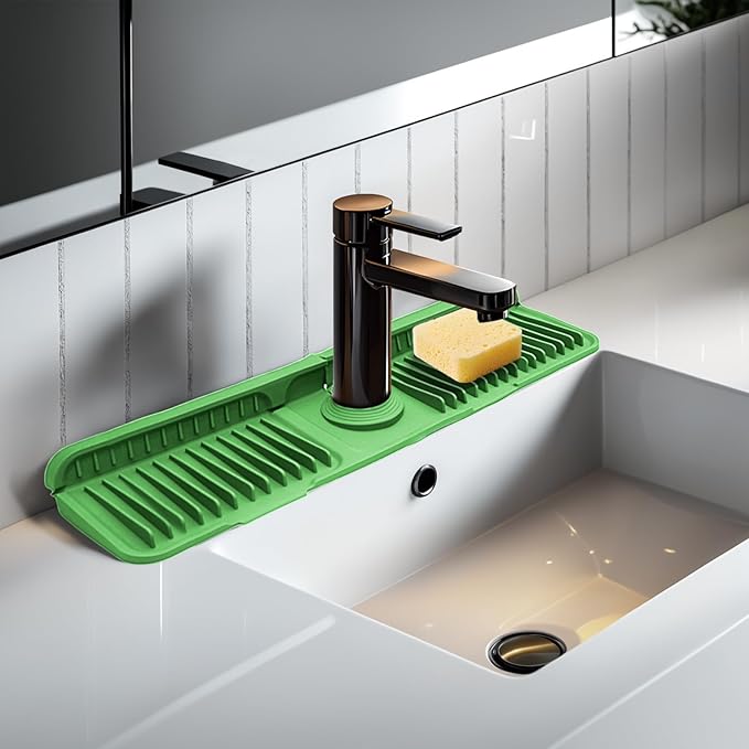 Green 24" Button Style Faucet Drip Catcher – Silicone Faucet Mat for Kitchen Sink, Leak-Proof Splash Guard with 6° Slope | Behind Faucet Draining Mat Easy Gadgets for Bathroom Kitchen Countertops
