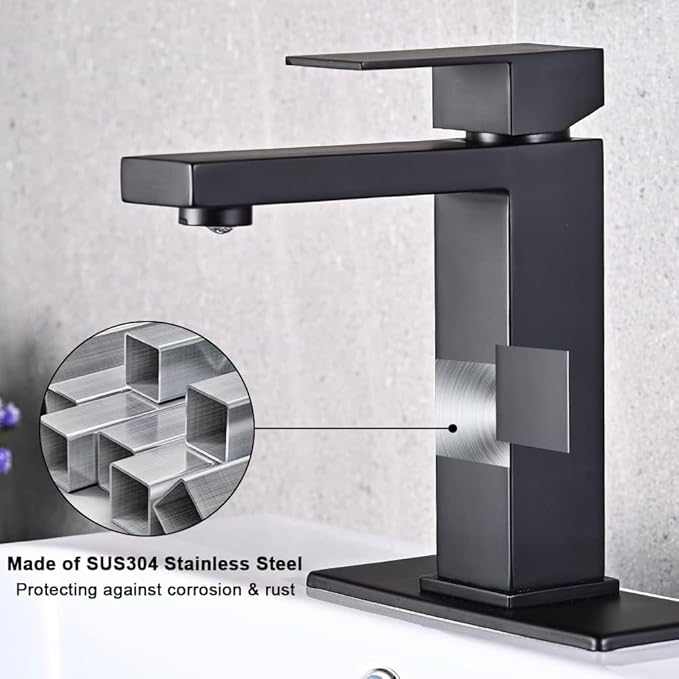 Matte Black Bathroom Faucet, Single Hole Vanity Bath Faucet, Single Handle Modern Stainless Steel Bathroom Faucets for Sink 1 Hole with Pop Up Drain Stopper & Water Supply Hoses