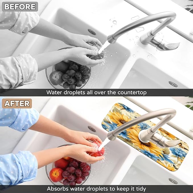 Sunflower Blue Bloom Kitchen Faucet Mat Splash Guard, 15.4”x5.7” Absorbent Quick Drying Sink Mat for Countertop Protection, Draining Mat Sink Protectors For Kitchen Bathroom, 1 Pack