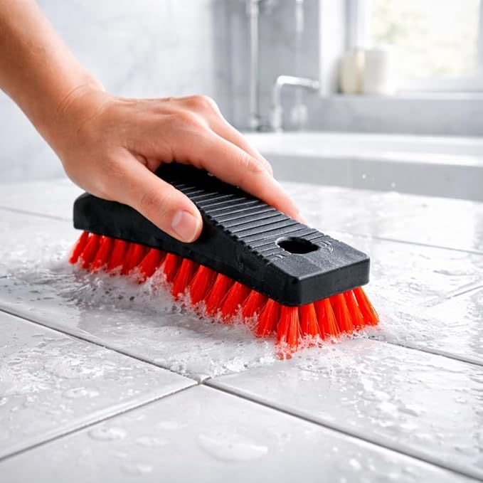 High Power Scrub Brush, 7.5 Inch Handheld Cleaning Brush with Red Stiff Fibers, Black Grip Handle for Kitchen, Bathroom, Tile, Grout, Sink & Shower