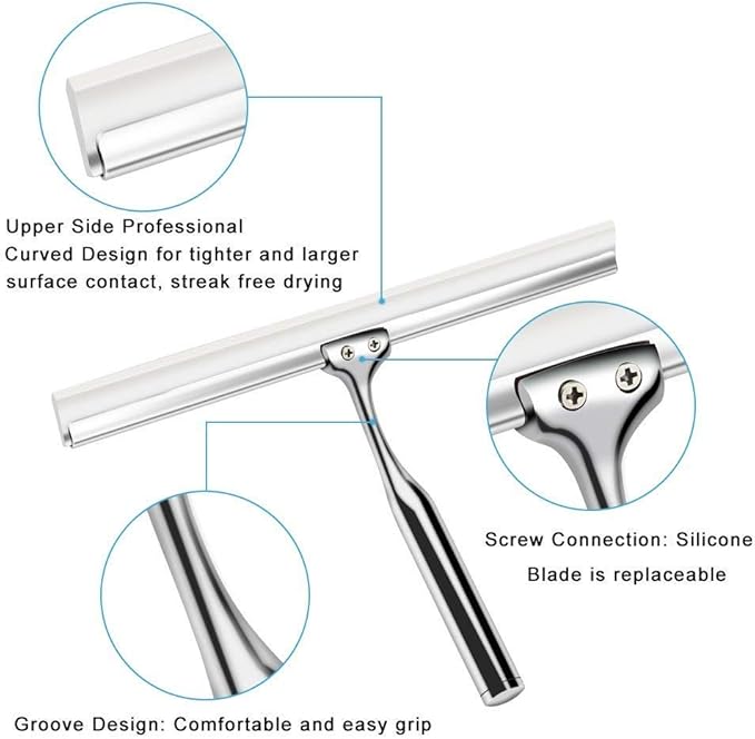 Shower Squeegees Stainless Steel Window Glass Wiper Cleaner Squeegee for Shower Door Bathroom Kitchen Car Mirror - with Suction Cup Hook Holder