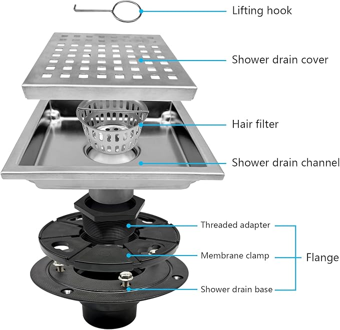 6 Inch Square Shower Drain with Flange, Removeable Grate SUS 304 Stainless Steel Shower Drain with Hair Catcher (Brushed Nickel, 6 Inch)