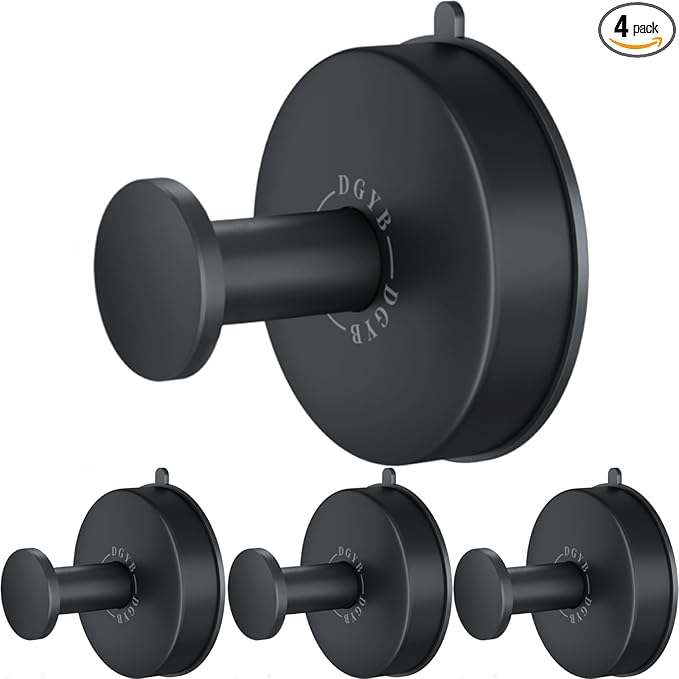 DGYB Suction Cup Hooks for Shower Set of 4 Removable Stainless Steel Towel Hook for Bathroom Glass Window Door Wall and Suction Wreath Hook for Hanging Robe, Loofah, Coat - Black