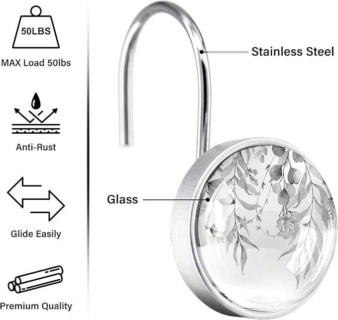 12 Pcs Black Eucalyptus Shower Curtain Hooks - Decorative Shower Curtain Hooks Rings Set - Stainless Steel Round Resin Shower Rings Hangers for Summer Bathroom Home Bath Room Rods Decor