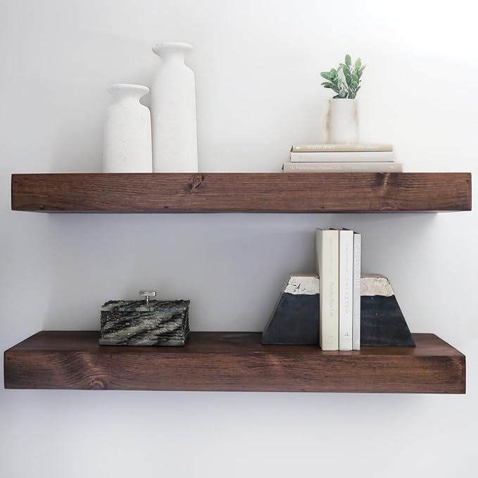Urbandi Modern Floating Shelves 3 Inches Thick for Wall, Wide Shelves for Kitchen, Living Room, Bedroom, and Bathroom, Natural Pine Wood, Rustic Wooden Shelf, (Set of 2) (Provincial, 60Lx3Hx8D)