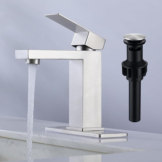 Bathroom Faucet for 1 Hole or 3 Holes Bathroom Sink Single Handle SUS304 Stainless Steel Sink Faucet with Pop Up Drain with Overflow Modern Vanity Faucets Brushed Nickel, SF3P-BN