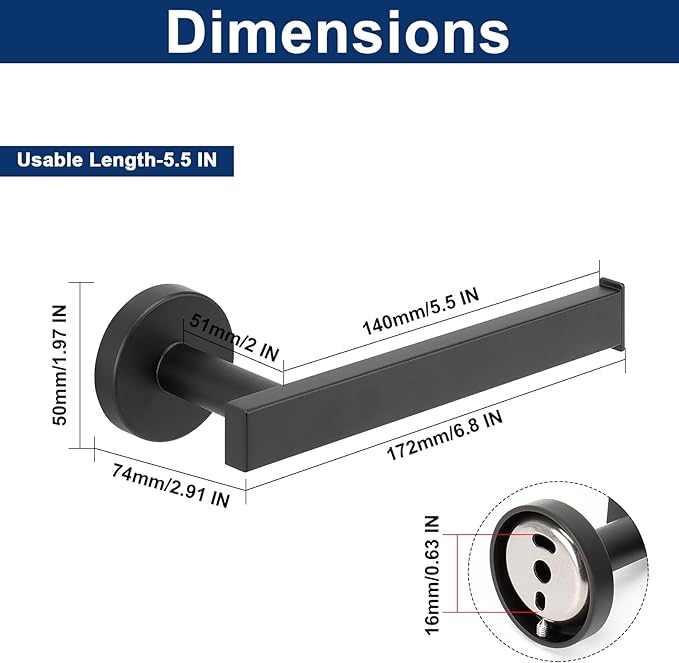NearMoon Bath Square Toilet Paper Holder, Premium SUS304 Stainless Steel Rustproof Wall Mounted Toilet Roll Holder for Bathroom, Kitchen, Washroom (Matte Black)
