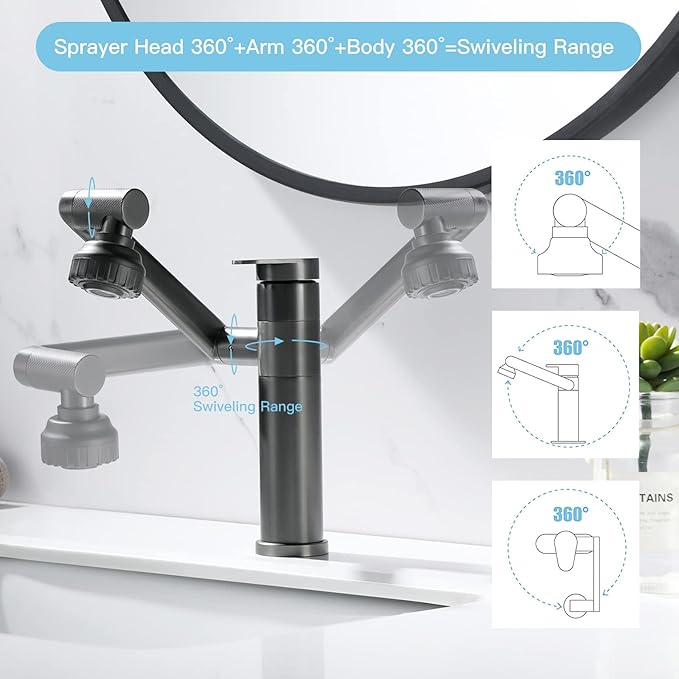 1080 Degree Swivel Bathroom Faucet Gun Grey Lavatory Basin Sink Faucet 1 Handle Big Angle Spray Aerator Spout Extender Universal 360° Rotating Arm Splash Filter 2 Water Outlet Modes