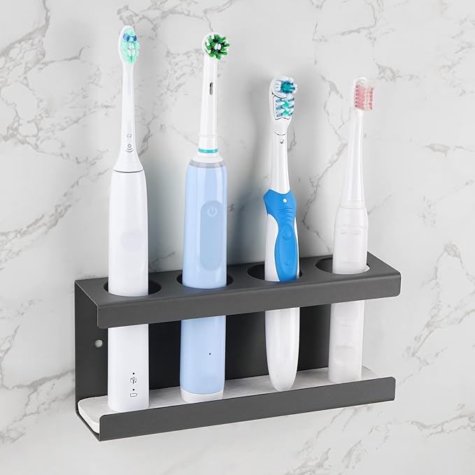 Wall Mounted Electric Toothbrush Holder, 4 Slots Stand with Diatomite Dish, Storage Rack Compatible with AquaSonic Black Series, Kingheroes Sonic, Oral-B (Grey)
