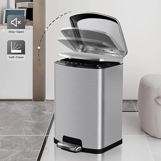 ELPHECO Bathroom Trash Can with Lid 4 Gallon / 15.1 Liter Stainless Steel Garbage Bin with Pedal Silver Trash Can with Removable Inner Bucket for Kitchen, Silver