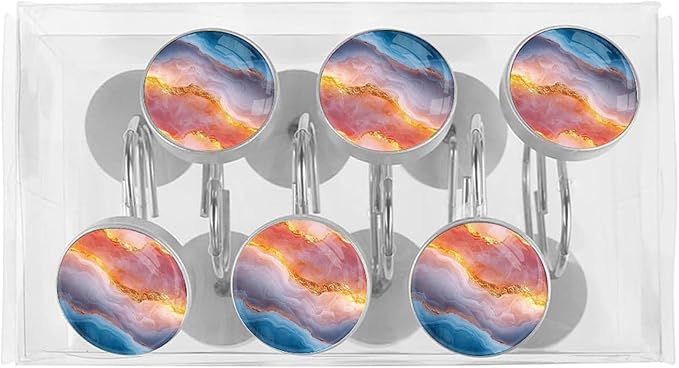 Multicolor Marble Decorative Shower Curtain Hooks,12 Pcs Rust Proof Glass Surface Stainless Steel Curtain Rings for Bathroom Bedroom Living Room Shower Rods Decor