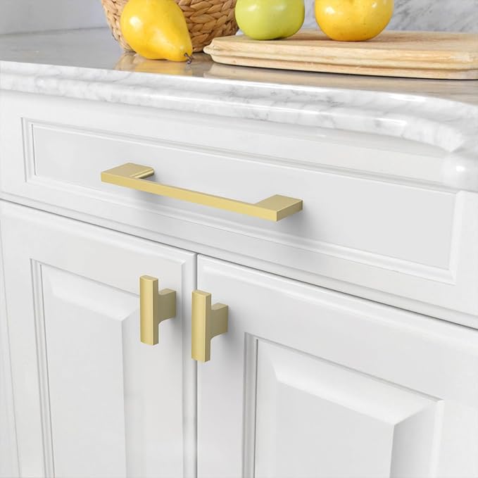 Amerdeco 10 Pack Brushed Gold Cabinet Pulls 5 Inch(128MM) Hole Centers Kitchen Cabinet Handles Cabinet Hardware Zinc Pull Handle Easy to Install ZH0060