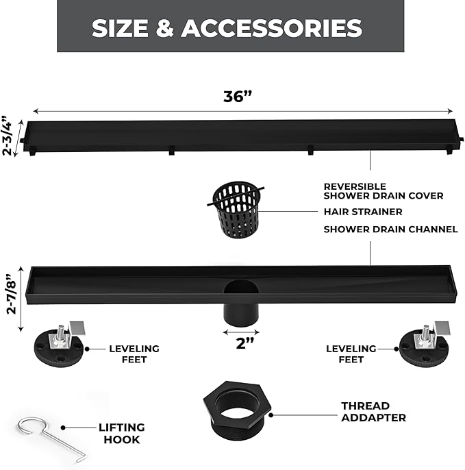 36 Inch Rectangular Linear Shower Drain Set with Reversible Flat & Tile Insert Cover, 304 Stainless Steel Bathroom Floor Drain with Hair Catcher, Shower Floor Drain Includes Adjustable Leveling Feet