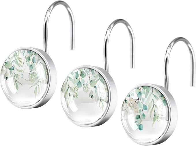 12 Pcs Sage Green Eucalyptus Shower Curtain Hooks – Rustproof Stainless Steel Rings with Decorative Glass Surface – Modern Bathroom Curtain Accessories