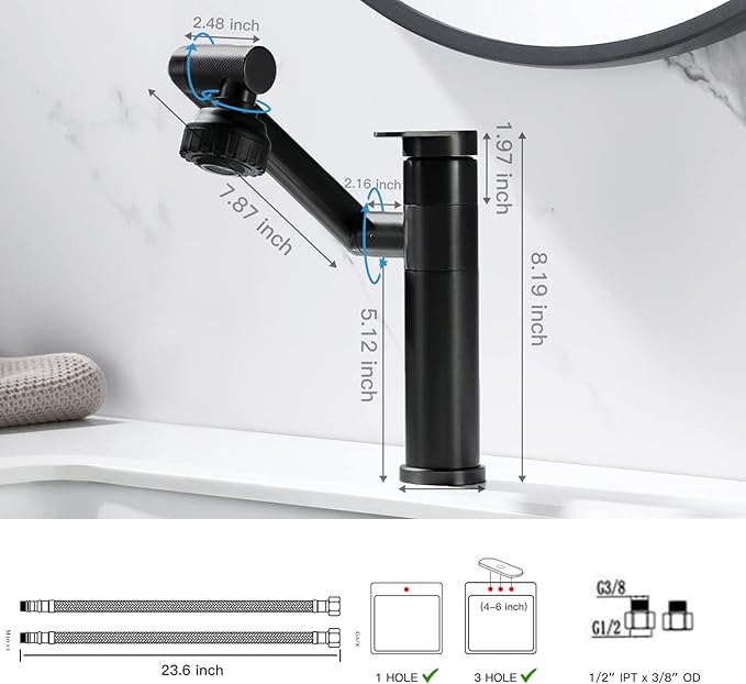 Black Bathroom Faucet 1080 Degree Swivel Lavatory Basin Sink Faucet 1 Handle Big Angle Spray Aerator Spout Extender Universal Rotating Splash Filter 2 Water Outlet Modes