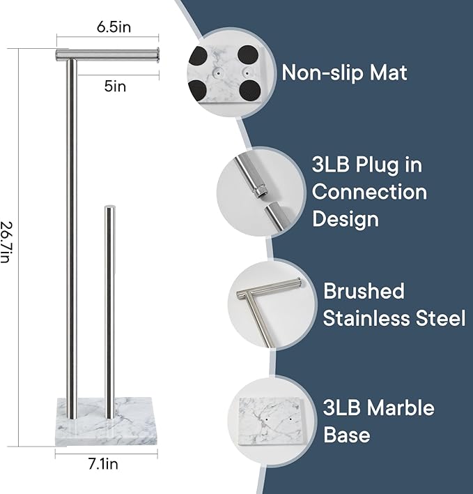 Toilet Paper Holder Stand with Weighted Natural Marble Base, Bathroom Free Standing Toilet Paper Roll Holder with Reserve, Standing Toilet Tissue Holder with Storage (Brushed Nickel, with Storage)