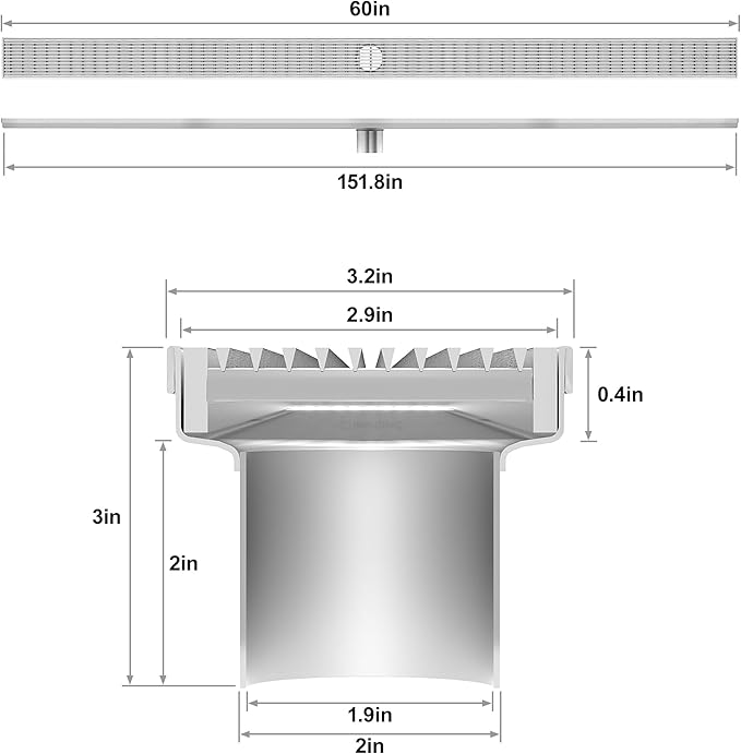 304 Stainless Steel Shower Drain, Removable Grate & Hair Catcher Bathroom Floor Drain with Waterproof Design for Tile Floor, CUPC Compliant (Brushed Finish, 60 Inch)