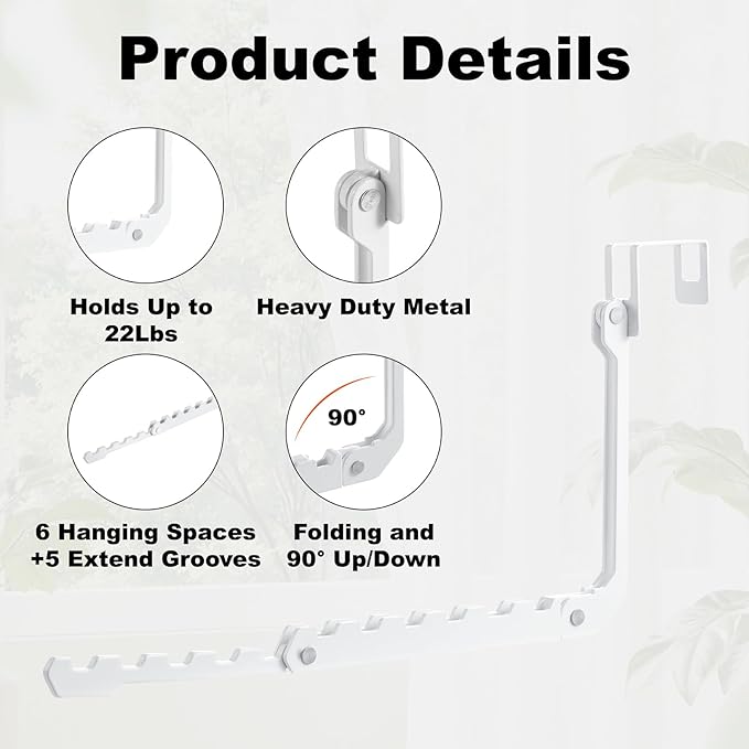 Over The Door Hooks Hangers, 1 Pack Extend Foldable Over The Door Drying Rack for Laundry, Overdoor Hanger Hook with 6 Groves + 5 Ertra Groves for Towel, Coat, White