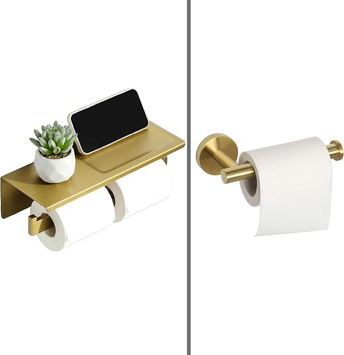 Alise Toilet Paper Holder,Bathroom Tissue Holder with Shelf,SUS304 Stainless Steel Double Toilet Paper Roll Holder Storage Dispenser,Self Adhesive or Wall Mount Drilling Paper Rack,Golden GYT5002-G