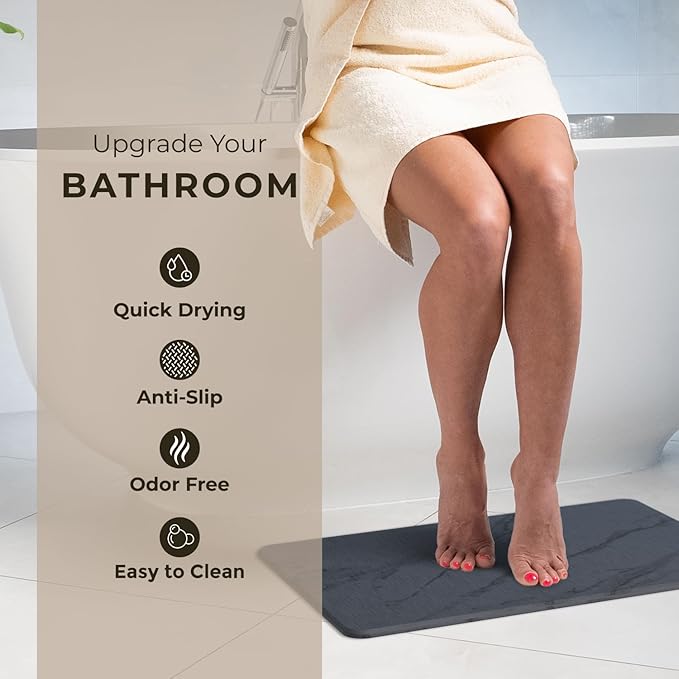 Stone Bath Mat Diatomaceous Earth Shower Mat Non-Slip Super Absorbent Diatomite Stone Bath Mats for Bathroom Floor Quick Drying Natural Easy to Clean (23.5 x 15) - Graphite