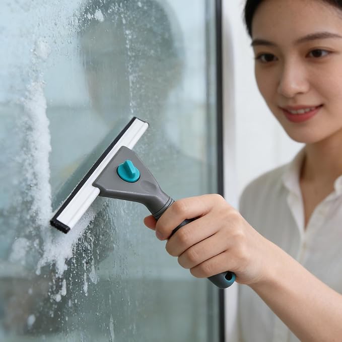 Window Cleaning Squeegee: Handheld Scrubber with Short Handle - 9.8x6.7x1.2Inch Glass Scraper for Bathroom, Shower Doors, Mirrors, Tiles & Car Windshields