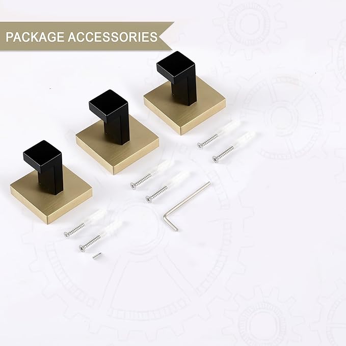 LANC 3-Pack Towel Hooks for Bathroom Wall Hooks, Black and Gold Robe Hooks, Square Robe Hook,Coat Hooks for Bathroom Kitchen Heavy Duty Hand Towel Hanger, SUS304 Stainless Steel,A8805GK-P3