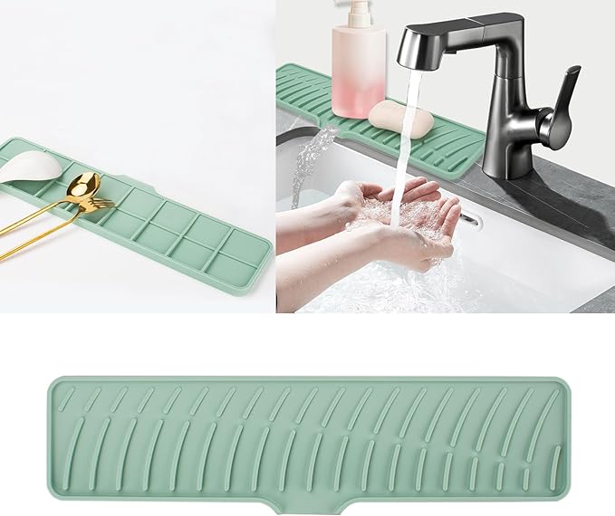 Silicone Faucet Mat for Kitchen Sink Bathroom Faucet Pad Sink Splash Guard Soap Sponge Holder Dish Drying Mat Double Side Available 2in1 Drainer Mat Heat-resistant 16.54x3.94in Green