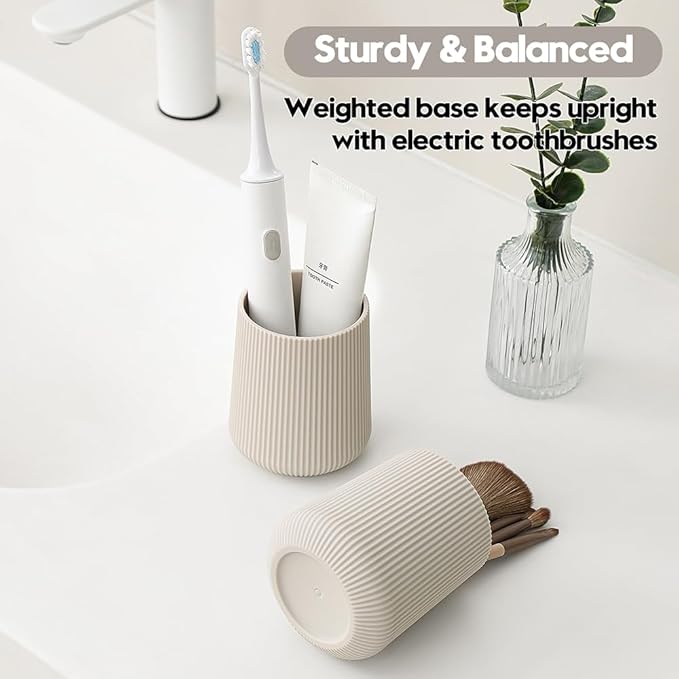 Beige Striped Toothbrush Holder for Electric Toothbrushes Bathroom Organizer for Toothpaste Kids & Adults
