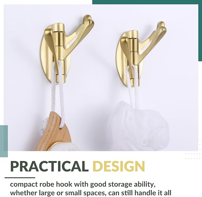 APLusee Swivel Robe Towel Hook 2 PCS Brushed Gold, Metal 3 Arms Folding Clothes Hook, Flexible Bathroom Home RV Storage Holder, Wall Mounted