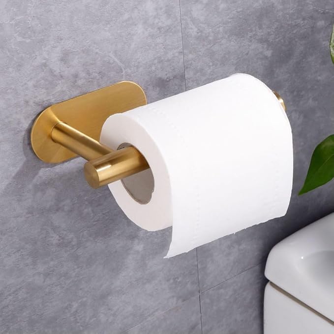 2 Pack Toilet Paper Holder Self Adhesive,Rustproof Adhesive Toilet Roll Holder No Drilling Tissue Holder for Kitchen Bathroom Tissue Holder Bathroom, Kitchen, Washroom Wall Mount (Gold)