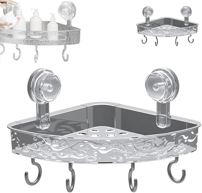 Corrugated Suction Cup Storage Holder, 2025 New Movable Shower Shelf Suction Cup, Corner Shower Caddy Large Organizer Bathroom Shelf No-Drill Wall-Mounted Storage (GREY)