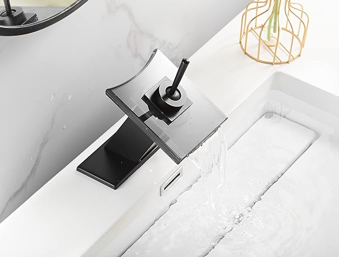 Black Sink Faucet Bathroom LED Light 3 Colors Changing Waterfall Glass Spout Hot and Cold Water Mixer Single Handle One Hole Deck Mounted Bathroom Faucet Lavatory Vanity Basin Mix Tap Commercial