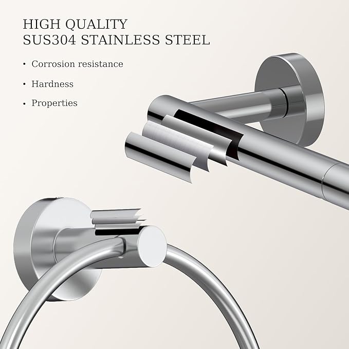 Toilet Paper Holder & Towel Holder, Bathroom Hardware Set-SUS304 Stainless Steel Double Post Pivoting Tissue Roll Holder and Hand Towel Ring Set for Bathroom, RV, Chrome