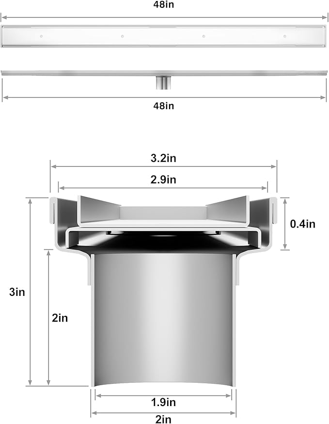 304 Stainless Steel Shower Drain, Removable Grate & Hair Catcher Bathroom Floor Drain with Waterproof Design for Tile Floor, CUPC Compliant (Tile Insert, 48 Inch)