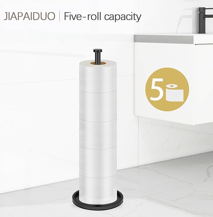 Toilet Paper Holder Stand with Reserve Function, Black Toilet Roll Holder Free Standing, Toilets Paper Storage Stand for 5 Rolls of Toilets Papers，Modern Design