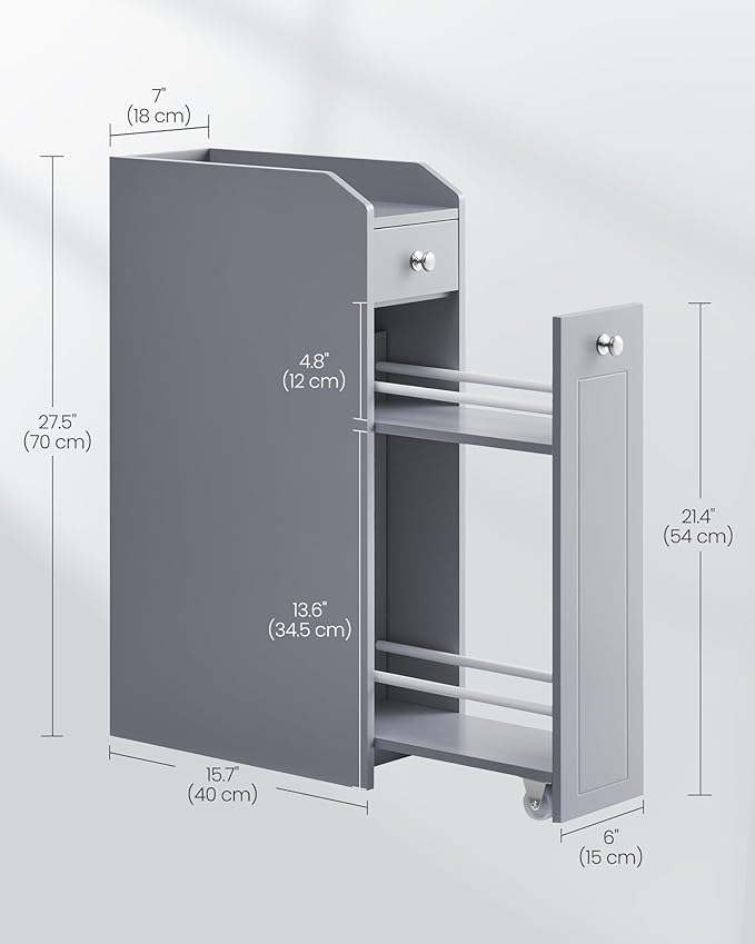 VASAGLE Slim Storage Cabinet, Narrow Storage Organizer with Slide Out Drawers, Freestanding Toilet Paper Holder, Small Space Skinny Cabinet for Bathroom Kitchen Corner, Dove Gray UBBC847G02
