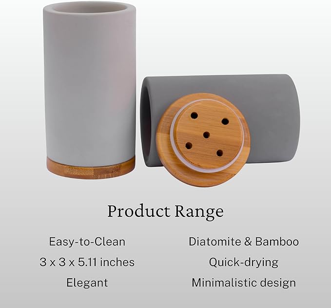 Matani Bamboo Toothbrush Holder Diatomite Tooth Brush Organizer - Storage Stand for Small Bathroom & Counter - Removable Base & Drain Holes, Water-Absorbent & Quick-Drying (Black Holder)