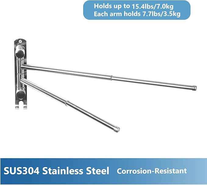 Bathroom Towel Rack JSVER SUS304 Stainless Steel Towel Rack, Adjustable 2 Arms Swivel Towel Holder, Wall Mounted Towel Racks for Bathroom