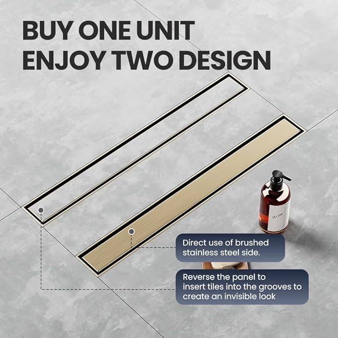 Linear Shower Drain 48 Inch Gold, Shower Drain with 2-in-1 Tile Insert Panel, Brushed AISI 304 Stainless Steel Linear Drain for Fast Drainage, Floor Drain for Bathroom, Kitchen, Garage & More