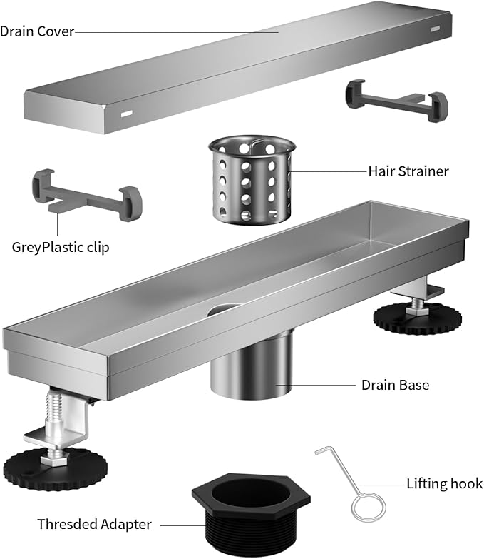 Linear Shower Drain, 304 Stainless Steel with Adjustable Leveling Feet, Hair Strainer,Reversely Install Place to Create an Invisible Floor Drain - Silver -18-Inch