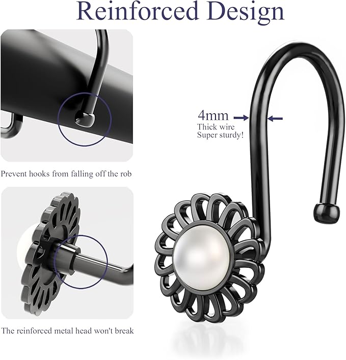Black Sunflower Shower Curtain Rings and Hooks, Set of 12 Metal Rings and Hooks, Floral Pearl Finish, Matte Black