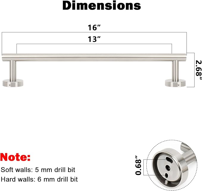 NearMoon Bath Towel Bar, Thicken Stainless Steel Shower Towel Rack Holder Wall Mounted for Bathroom, 16-lnch Overall Length-13-lnch Usable Hanging Space (1 Pack, Brushed Nickel)