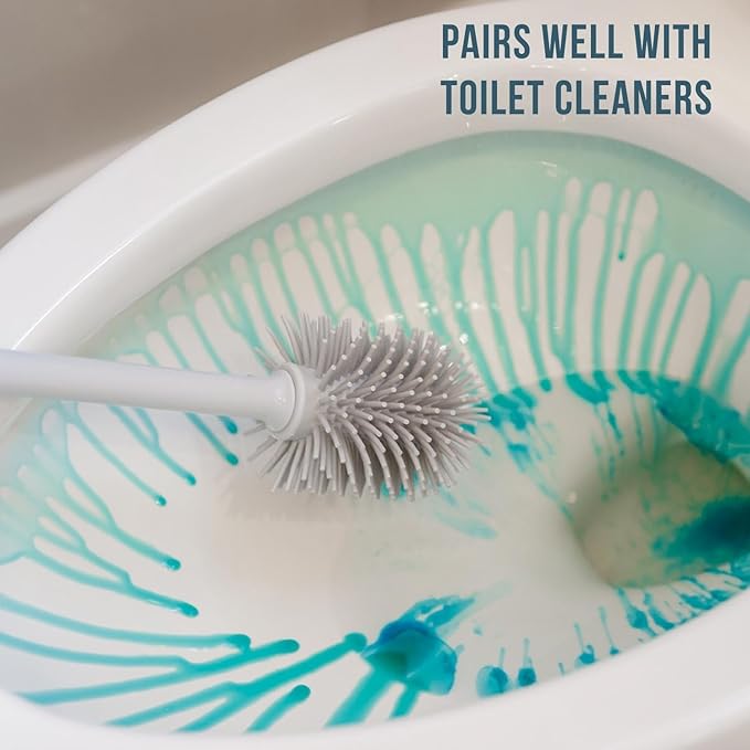 Don Aslett Silicone Toilet Bowl Brush Set (Gray) Includes Slim Brush Holder, Sturdy Handle, & 2 Replacement Heads with Durable Silicone Bristles | Easy to Clean & Compact Toilet Scrubber for Bathroom