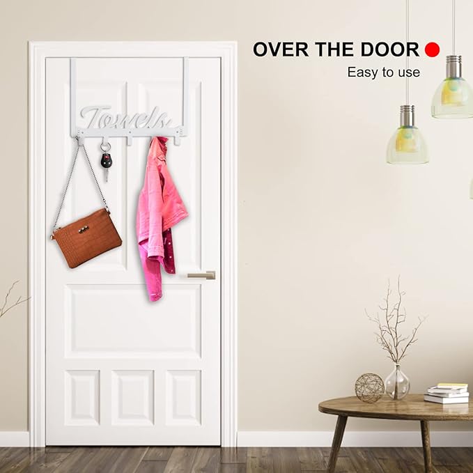 Over The Door Hooks, Towel Rack for Bathroom & Bedroom, Heavy Duty Over Door Towel Hanger with 5 Coat Hooks, White