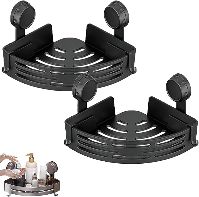 Triangle Suction Cup Shower Caddy, Corner Shower Shelves No Drilling, Upgrade Suction Cup Shower Organizer with Towel Bar & Hooks, Heavy-Duty Strong Hold (Black, 2pcs)
