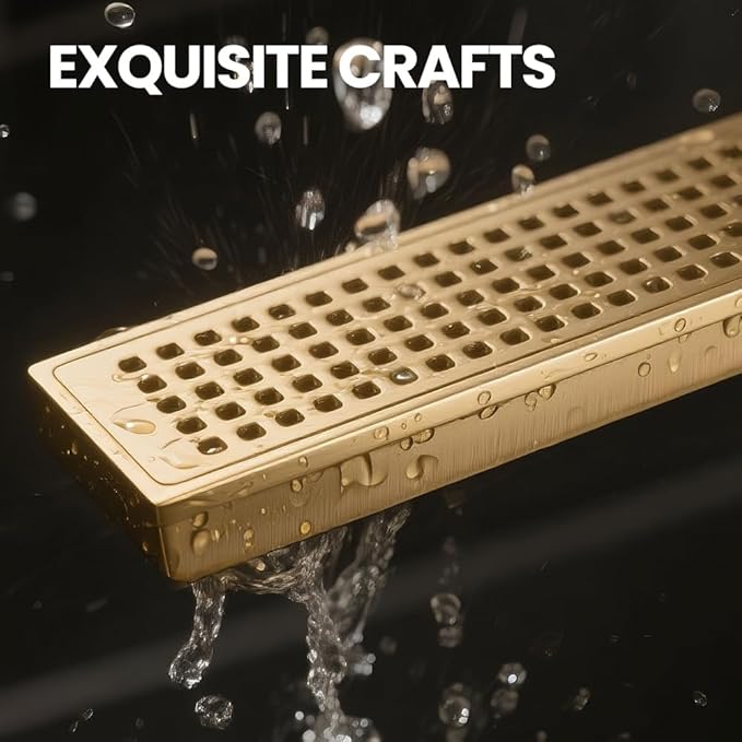 Linear Shower Drain 24 Inch Gold, Brushed AISI 304 Stainless Steel Shower Drain with Square Hole Panel, for Bathroom, Kitchen, Garage & More